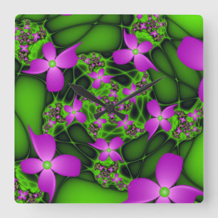 Reloj Cuadrado Modern Abstract Neon Pink Green Fractal Flowers