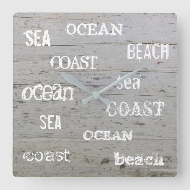 Reloj Cuadrado Modern beach driftwood ocean handwritten script (Anverso)