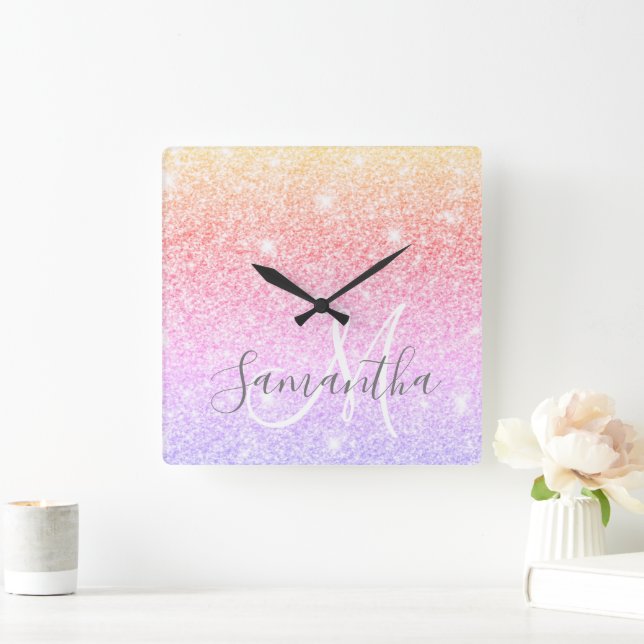Reloj Cuadrado Modern Colorful Glitter Sparkles Personalized Name (Hogar)