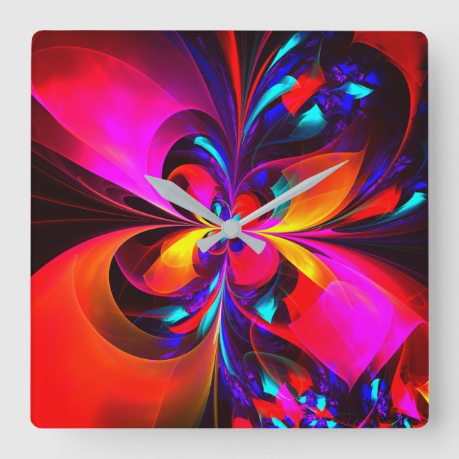 Reloj Cuadrado Modern Floral Resumen Arte Patrón Azul Rojo #07 (Anverso)