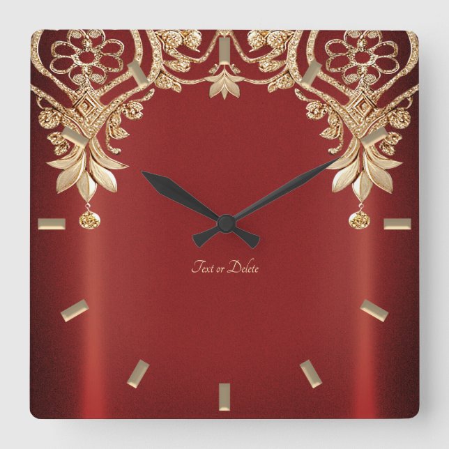 Reloj Cuadrado Modern Gold Red Floral Wall Clock (Anverso)