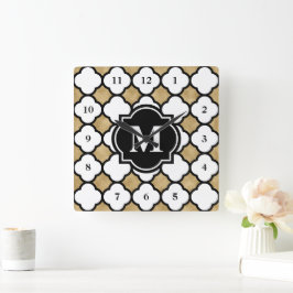 Reloj Cuadrado Modern Gold White Geometric Quatrefoil Monogrammed