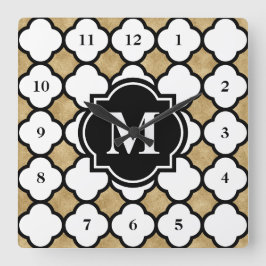 Reloj Cuadrado Modern Gold White Geometric Quatrefoil Monogrammed