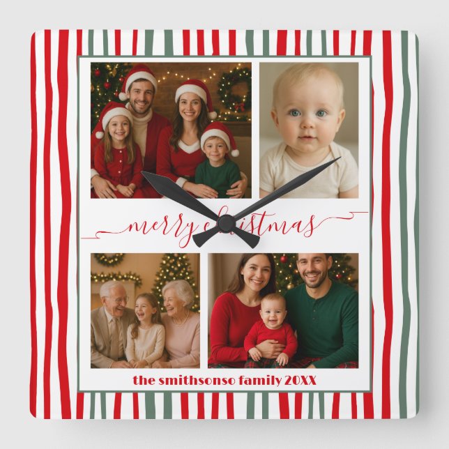 Reloj Cuadrado Modern Minimal 4 Photo merry Christmas (Anverso)