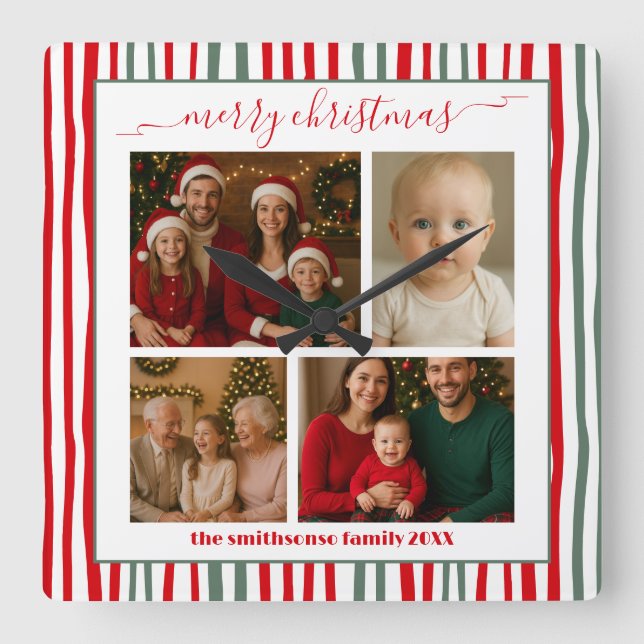 Reloj Cuadrado Modern Minimal family Photo merry Christmas (Anverso)