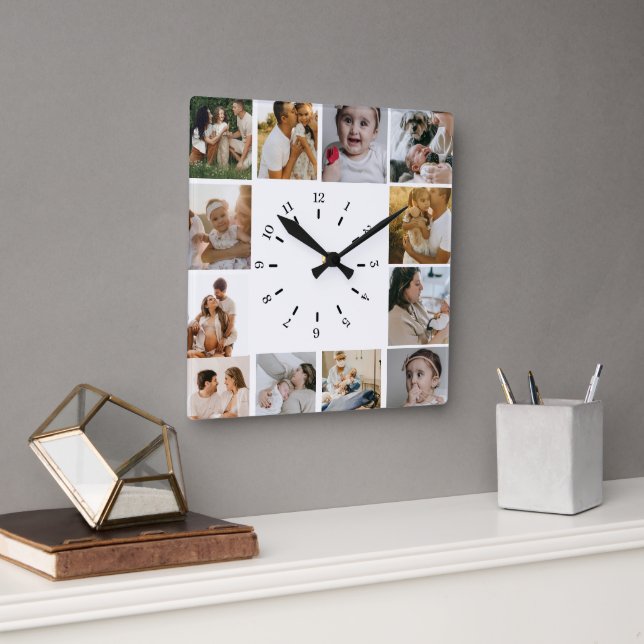 Reloj Cuadrado Modern Minimalist  Custom Photo Collage Family (Oficina)