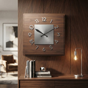 Reloj Cuadrado Modern Minimalist Dark Wood and Brushed Silver