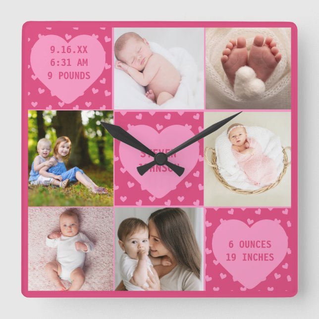 Reloj Cuadrado Modern Newborn Baby Personalized 6 Photo Collage  (Anverso)
