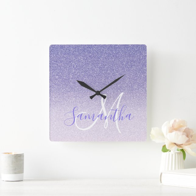 Reloj Cuadrado Modern Purple Glitter Sparkles Personalized Name (Hogar)