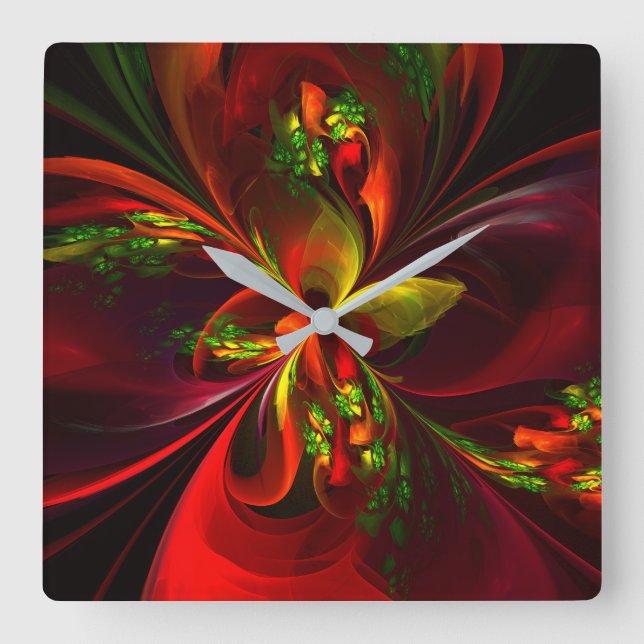 Reloj Cuadrado Modern Red Green Floral Abstract Art Pattern #05 (Anverso)