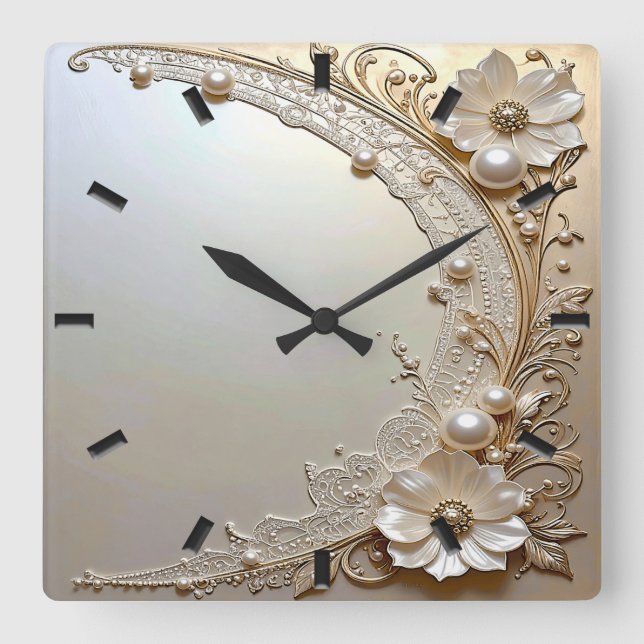 Reloj Cuadrado Modern White Flowers Pearls Wall Clock (Anverso)