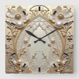 Reloj Cuadrado Modern White Flowers Pearls Wall Clock