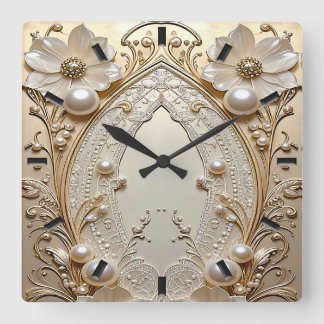 Reloj Cuadrado Modern White Flowers Pearls Wall Clock