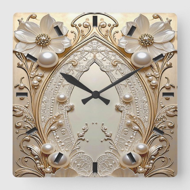 Reloj Cuadrado Modern White Flowers Pearls Wall Clock (Anverso)