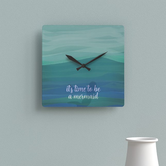 Reloj Cuadrado Moderna acuarela Verde azulada Sirena Personalizad (It's time to be a mermaid! You can add your own text to this teal watercolor clock)