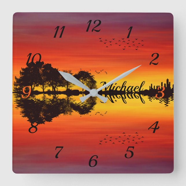 Reloj Cuadrado Moderna Naranja Sunset Guitarist Name Watercolor (Anverso)