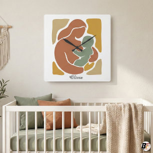 Reloj Cuadrado Moderno Boho Abstracto Madre y Bebé Tonos Terrosos