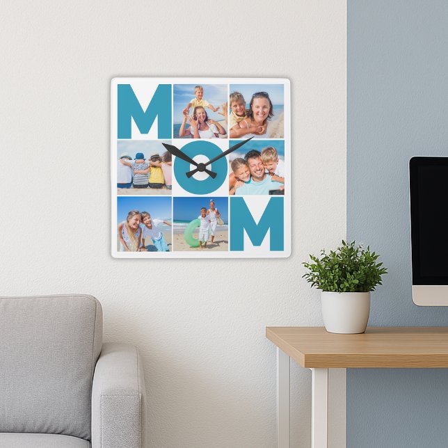 Reloj Cuadrado Moderno Collage de fotos 6 para mamá - Regalo Pers (Modern 6 Photo Collage for Mom – Custom Gift Square Wall Clock
)