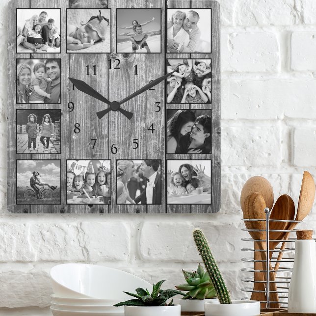 Reloj Cuadrado Moderno Collage de fotos rústico familiar de granj (Subido por el creador)