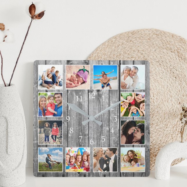 Reloj Cuadrado Moderno Collage de fotos rústico familiar de granj (Subido por el creador)