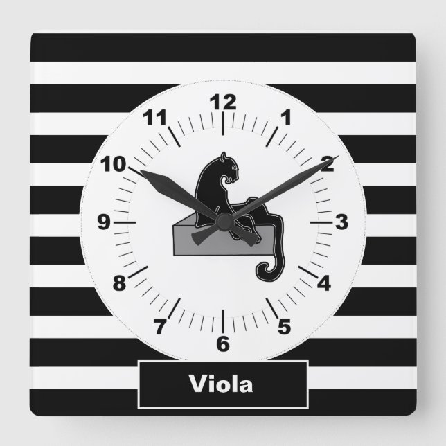 Reloj Cuadrado Moderno Gato blanco de elegante pantera negra (Anverso)