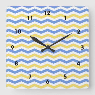 Reloj Cuadrado Moderno, moderno, elegante chevron azul y amarillo