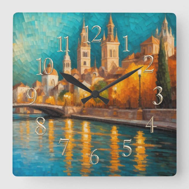 Reloj Cuadrado Moderno Resumen Diseño Oro Naranja Azul Europeo (Anverso)