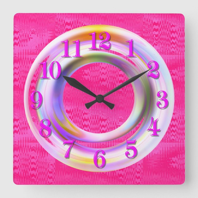 Reloj Cuadrado Moderno, Rosa Metálico, Neón, Único, Personalizado (Anverso)