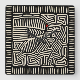 Reloj Cuadrado Mola Pájaro Indio Kuna de Panamá - Blanco Negro