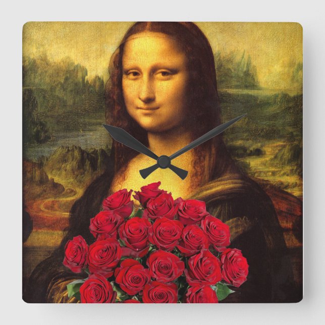 Reloj Cuadrado Mona Lisa Con Bouquet De Rosas Rojas (Anverso)