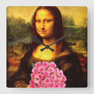 Reloj Cuadrado Mona Lisa Con Bouquet De Rosas Rosa