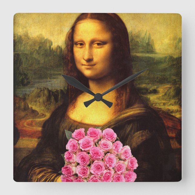 Reloj Cuadrado Mona Lisa Con Bouquet De Rosas Rosa (Anverso)