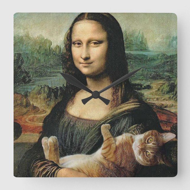 Reloj Cuadrado Mona Lisa y el gato Leonardo da Vinci (Anverso)