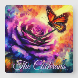 Reloj Cuadrado Monarch Butterfly on Rose at Sunset Personalized