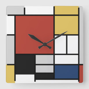 Reloj Cuadrado Mondrian Pintura de Plano Rojo Amarillo Azul Gris 