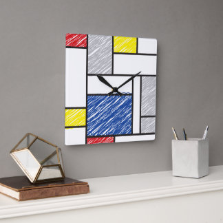 Reloj Cuadrado Mondrian Scribbles Minimalista De Stijl Arte Moder