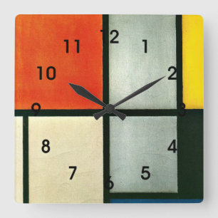 Reloj Cuadrado Mondrian - Tableau 3 with Orange-Red, Yellow...