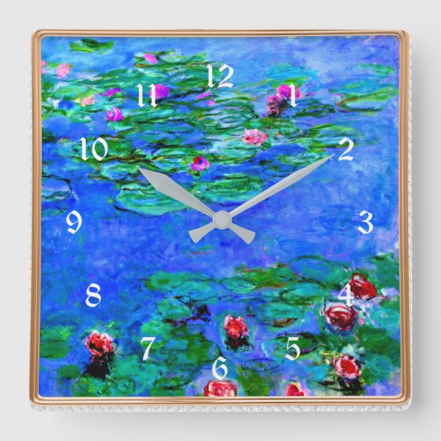 Reloj Cuadrado Monet - Lilies de agua (rojo), obra de arte famosa (Anverso)