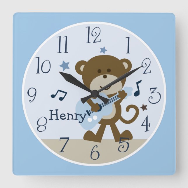 Reloj Cuadrado Monkey Rockstar/Musical Kid's Baby Nursery Clock (Anverso)