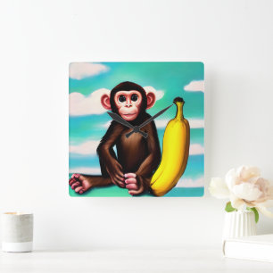 Reloj Cuadrado Mono bebé con una gran pintura bananera