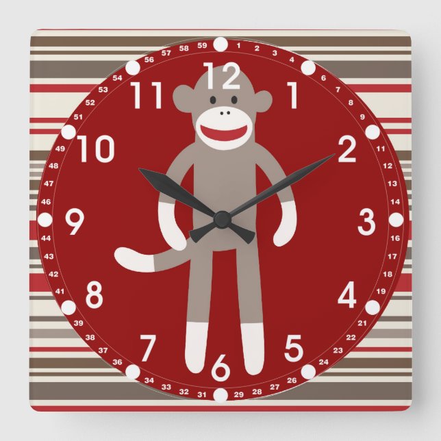 Reloj Cuadrado Mono lindo del calcetín en rayas rojo marrón del (Anverso)