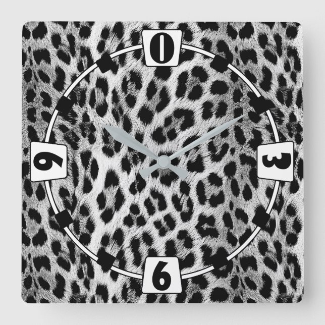 Reloj Cuadrado Monocromo blanco y negro, patrón leopardo (Anverso)