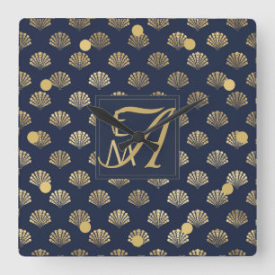 Reloj Cuadrado Monogram ART DECO Shells Navy Blue Gold Newlyweds