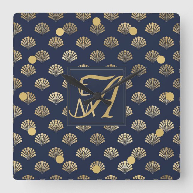 Reloj Cuadrado Monogram ART DECO Shells Navy Blue Gold Newlyweds (Anverso)