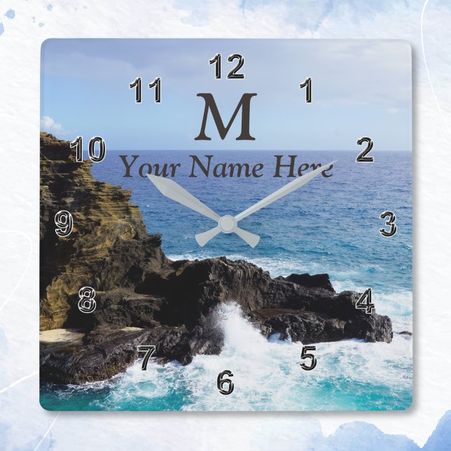 Reloj Cuadrado Monogram Hawaiian Ocean Clock Your Name, Photo (Oahu Clock)