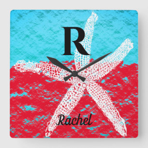Reloj Cuadrado Monogram Initials Teal Red Sparkly Pastel Starfish
