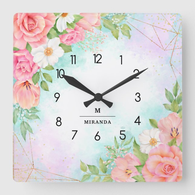 Reloj Cuadrado Monogram Watercolor Floral Greenery Pink Geometric (Anverso)