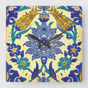 Reloj Cuadrado Monograma Azulejo Hermoso estilo cerámico