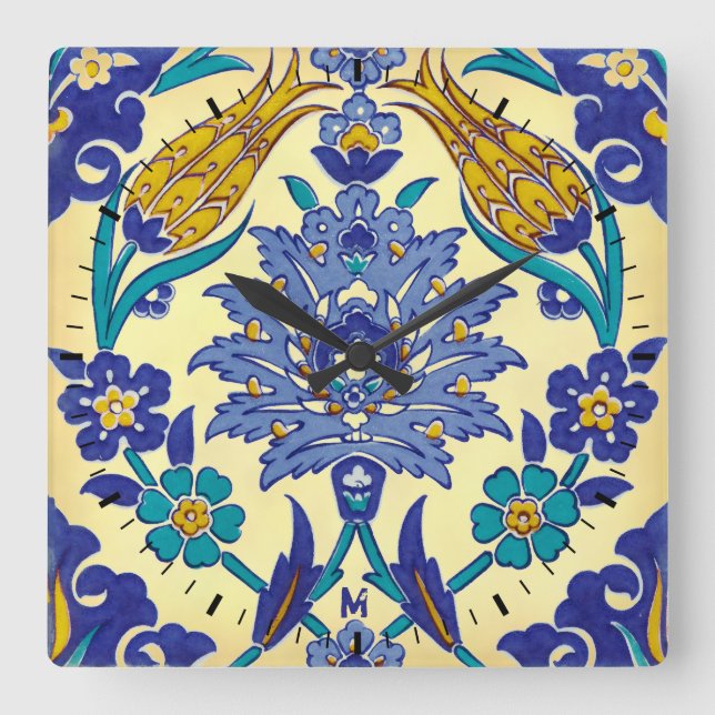 Reloj Cuadrado Monograma Azulejo Hermoso estilo cerámico (Anverso)