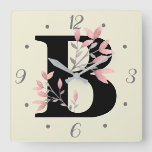 Reloj Cuadrado Monograma B con Ramilletes Florales Rosas